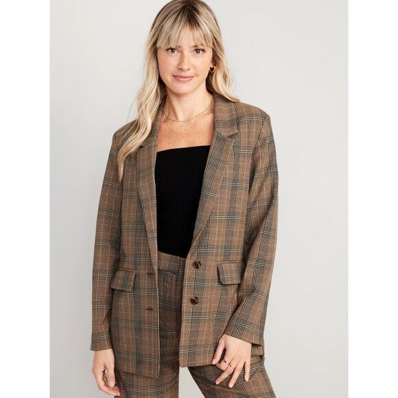 Old Navy Taylor Relaxed Suit Blazer Jacket Brown Plaid Women size XL Preppy - Picture 1 of 9